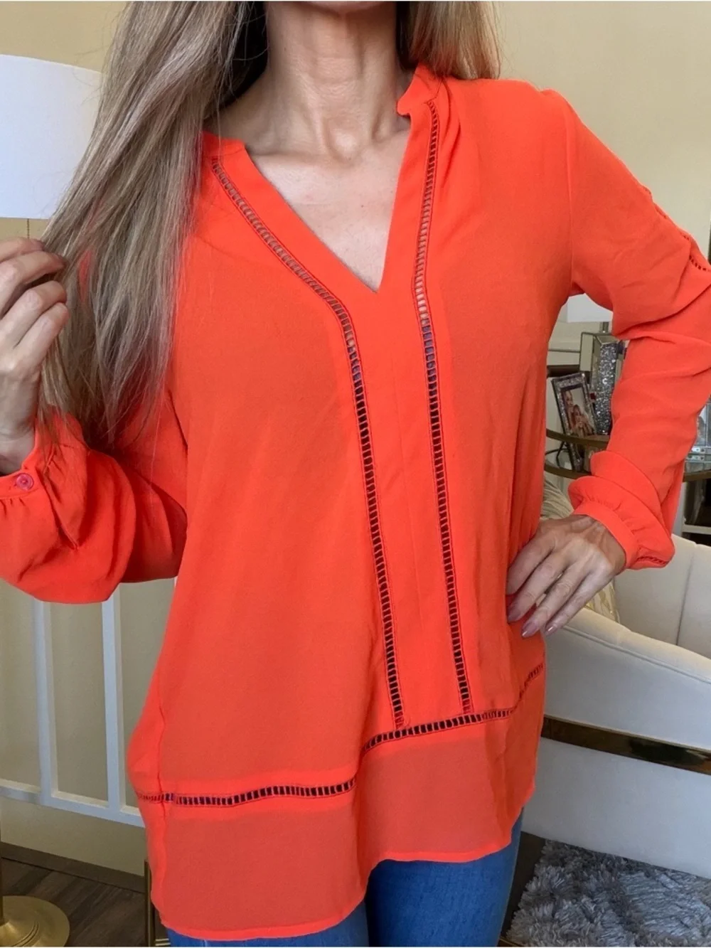 Michael Kors Mandarin Orange Pointelle Trim Long Sleeve Top V Neck Blouse M